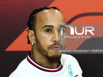 Lewis Hamilton of Mercedes during press conference ahead of the Formula 1 Abu Dhabi Grand Prix at Yas Marina Circuit in Abu Dhabi, United Ar...