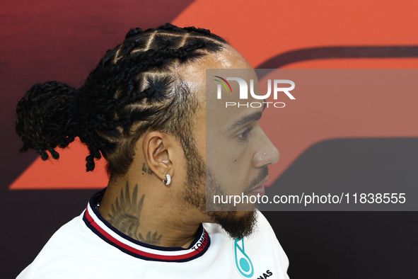 Lewis Hamilton of Mercedes during press conference ahead of the Formula 1 Abu Dhabi Grand Prix at Yas Marina Circuit in Abu Dhabi, United Ar...