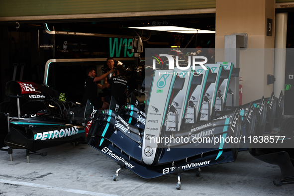 Mercedes car front wings in front of garage ahead of the Formula 1 Abu Dhabi Grand Prix at Yas Marina Circuit in Abu Dhabi, United Arab Emir...