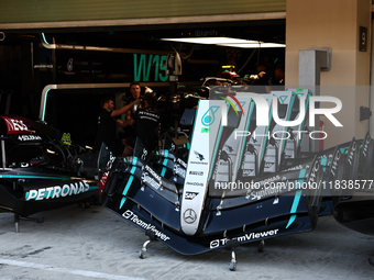 Mercedes car front wings in front of garage ahead of the Formula 1 Abu Dhabi Grand Prix at Yas Marina Circuit in Abu Dhabi, United Arab Emir...