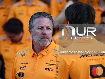 Zak Brown and Oscar Piastri of McLaren ahead of the Formula 1 Abu Dhabi Grand Prix at Yas Marina Circuit in Abu Dhabi, United Arab Emirates...