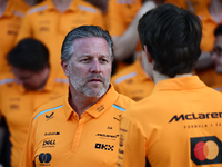 Zak Brown and Oscar Piastri of McLaren ahead of the Formula 1 Abu Dhabi Grand Prix at Yas Marina Circuit in Abu Dhabi, United Arab Emirates...