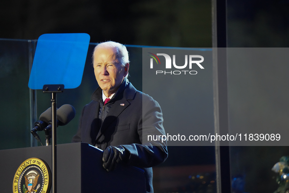 President Biden switches on the National Christmas Tree in subfreezing weather in Washington, D.C., United States, on December 5, 2024. Sing...