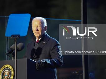 President Biden switches on the National Christmas Tree in subfreezing weather in Washington, D.C., United States, on December 5, 2024. Sing...