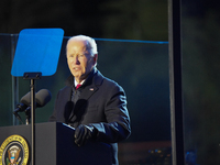 President Biden switches on the National Christmas Tree in subfreezing weather in Washington, D.C., United States, on December 5, 2024. Sing...