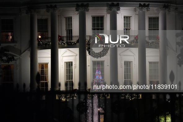 President Biden switches on the National Christmas Tree in subfreezing weather in Washington, D.C., United States, on December 5, 2024. Sing...