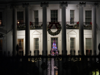 President Biden switches on the National Christmas Tree in subfreezing weather in Washington, D.C., United States, on December 5, 2024. Sing...