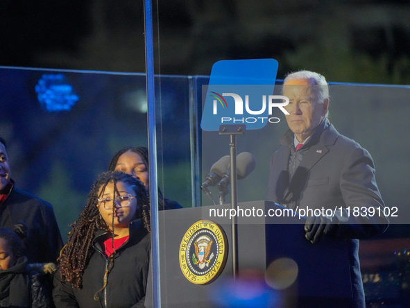 President Biden switches on the National Christmas Tree in subfreezing weather in Washington, D.C., United States, on December 5, 2024. Sing...