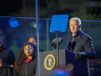 President Biden switches on the National Christmas Tree in subfreezing weather in Washington, D.C., United States, on December 5, 2024. Sing...