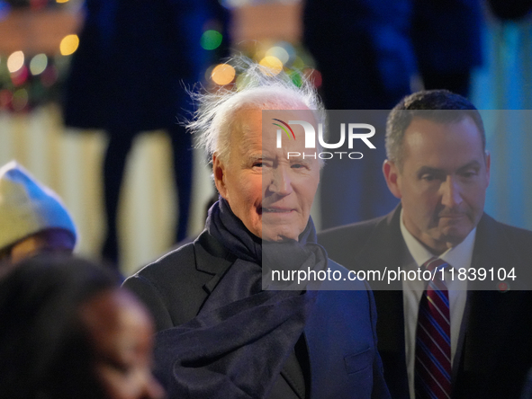 President Biden switches on the National Christmas Tree in subfreezing weather in Washington, D.C., United States, on December 5, 2024. Sing...