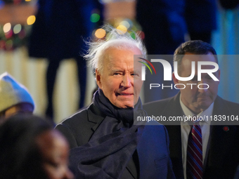 President Biden switches on the National Christmas Tree in subfreezing weather in Washington, D.C., United States, on December 5, 2024. Sing...