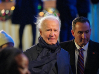 President Biden switches on the National Christmas Tree in subfreezing weather in Washington, D.C., United States, on December 5, 2024. Sing...