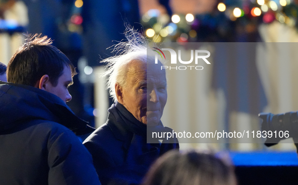 President Biden switches on the National Christmas Tree in subfreezing weather in Washington, D.C., United States, on December 5, 2024. Sing...