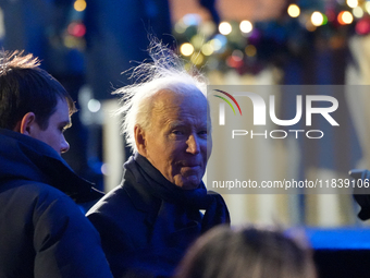 President Biden switches on the National Christmas Tree in subfreezing weather in Washington, D.C., United States, on December 5, 2024. Sing...