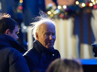 President Biden switches on the National Christmas Tree in subfreezing weather in Washington, D.C., United States, on December 5, 2024. Sing...