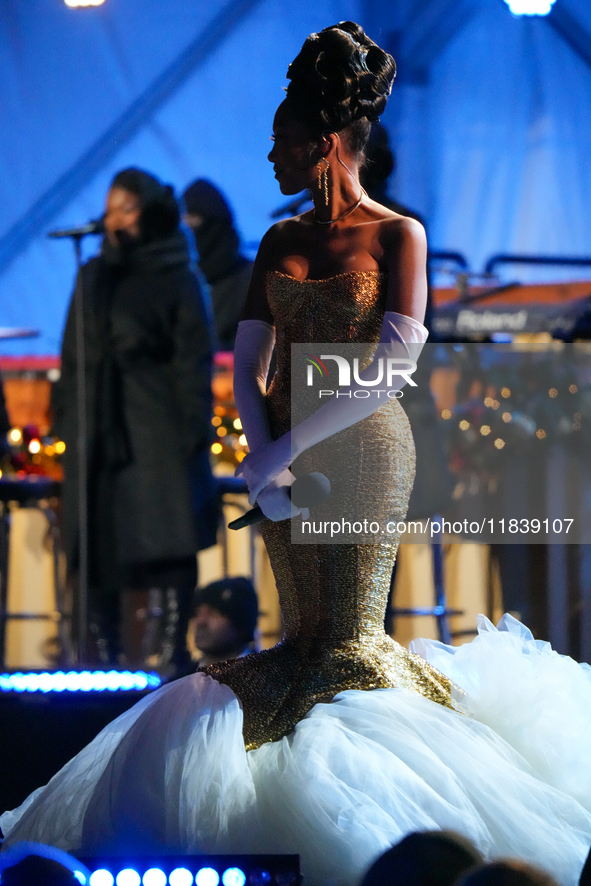 President Biden switches on the National Christmas Tree in subfreezing weather in Washington, D.C., United States, on December 5, 2024. Sing...