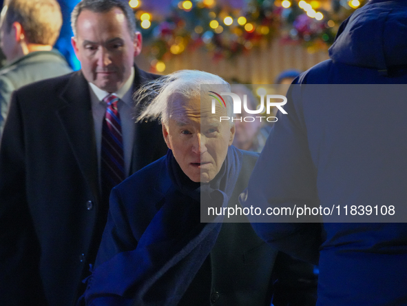 President Biden switches on the National Christmas Tree in subfreezing weather in Washington, D.C., United States, on December 5, 2024. Sing...