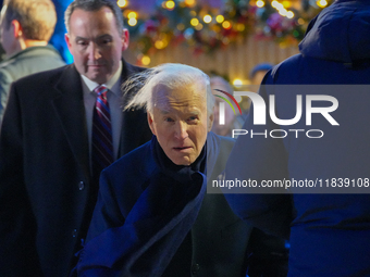 President Biden switches on the National Christmas Tree in subfreezing weather in Washington, D.C., United States, on December 5, 2024. Sing...