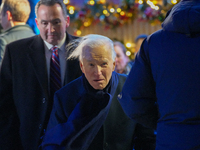 President Biden switches on the National Christmas Tree in subfreezing weather in Washington, D.C., United States, on December 5, 2024. Sing...