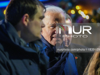 President Biden switches on the National Christmas Tree in subfreezing weather in Washington, D.C., United States, on December 5, 2024. Sing...