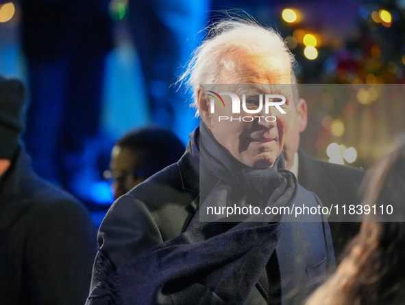 President Biden switches on the National Christmas Tree in subfreezing weather in Washington, D.C., United States, on December 5, 2024. Sing...