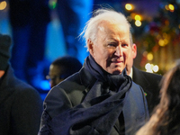 President Biden switches on the National Christmas Tree in subfreezing weather in Washington, D.C., United States, on December 5, 2024. Sing...