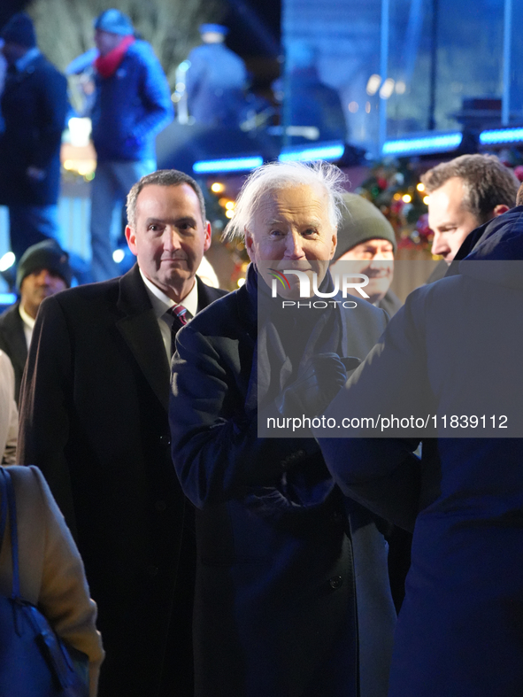 President Biden switches on the National Christmas Tree in subfreezing weather in Washington, D.C., United States, on December 5, 2024. Sing...