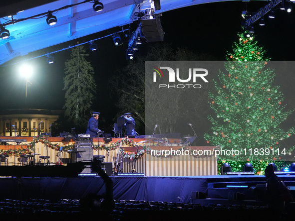 President Biden switches on the National Christmas Tree in subfreezing weather in Washington, D.C., United States, on December 5, 2024. Sing...