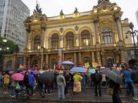 Demonstrators shout slogans as they participate in a protest against Sao Paulo's governor, Tarcisio de Freitas, and the violence of the poli...