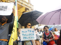 Demonstrators shout slogans as they participate in a protest against Sao Paulo's governor, Tarcisio de Freitas, and the violence of the poli...