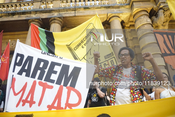 Demonstrators shout slogans as they participate in a protest against Sao Paulo's governor, Tarcisio de Freitas, and the violence of the poli...