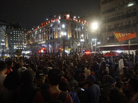 Demonstrators shout slogans as they participate in a protest against Sao Paulo's governor, Tarcisio de Freitas, and the violence of the poli...