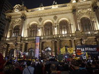 Demonstrators shout slogans as they participate in a protest against Sao Paulo's governor, Tarcisio de Freitas, and the violence of the poli...