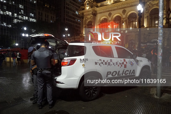 Demonstrators shout slogans as they participate in a protest against Sao Paulo's governor, Tarcisio de Freitas, and the violence of the poli...