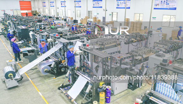 A worker produces environmentally friendly plastic bags at a workshop in Huzhou, China, on December 6, 2024. 