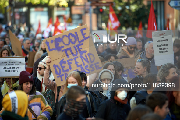 Between 8,000 and 10,000 protesters march in Toulouse, France, on December 5, 2024, called by all trade unions except FO to protest against...