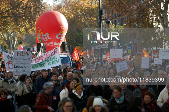 Between 8,000 and 10,000 protesters march in Toulouse, France, on December 5, 2024, called by all trade unions except FO to protest against...