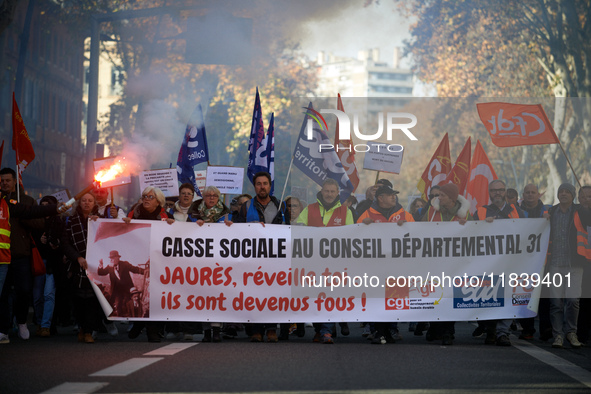 Between 8,000 and 10,000 protesters march in Toulouse, France, on December 5, 2024, called by all trade unions except FO to protest against...