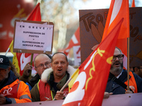 A placard reads 'On strike, jobs cut: public services removal'. Between 8,000 and 10,000 protesters march in Toulouse, France, on December 5...