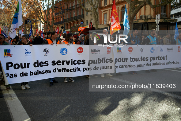 Between 8,000 and 10,000 protesters march in Toulouse, France, on December 5, 2024, called by all trade unions except FO to protest against...