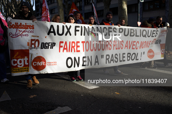 Between 8,000 and 10,000 protesters march in Toulouse, France, on December 5, 2024, called by all trade unions except FO to protest against...