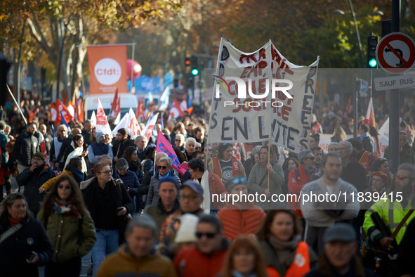 Between 8,000 and 10,000 protesters march in Toulouse, France, on December 5, 2024, called by all trade unions except FO to protest against...