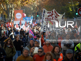 Between 8,000 and 10,000 protesters march in Toulouse, France, on December 5, 2024, called by all trade unions except FO to protest against...