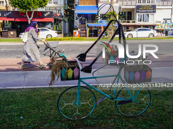 A street flower stand made from an old bicycle is seen in Alanya, Turkey, on November 3, 2024. (