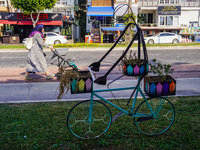 A street flower stand made from an old bicycle is seen in Alanya, Turkey, on November 3, 2024. (