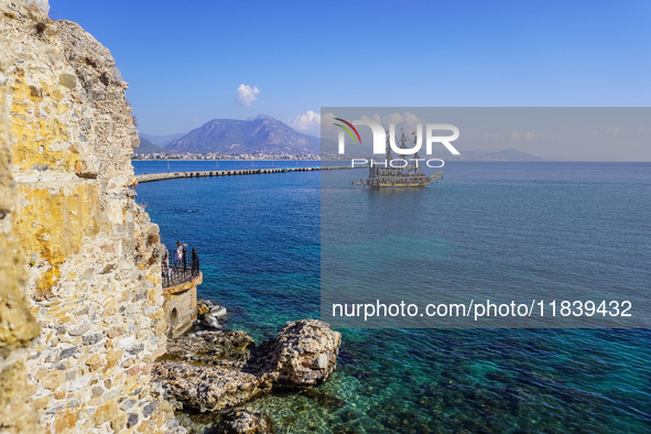 A tourist boat sails in the Mediterranean Sea in Alanya, Turkey, on November 5, 2024. 