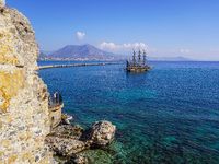 A tourist boat sails in the Mediterranean Sea in Alanya, Turkey, on November 5, 2024. (