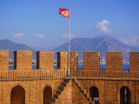 The Turkish flag on the top of the Red Tower is seen in Alanya, Turkey, on November 5, 2024. (