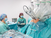 Bariatric surgery for an overweight patient performed using the Da Vinci medical robot at the Military Institute of Medicine  in Warsaw, Pol...