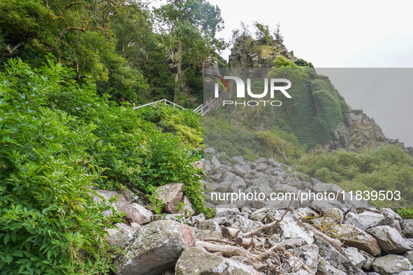 Jons Kapel high rocky cliff is seen on Bornholm Island, Denmark, on August 5, 2024. 